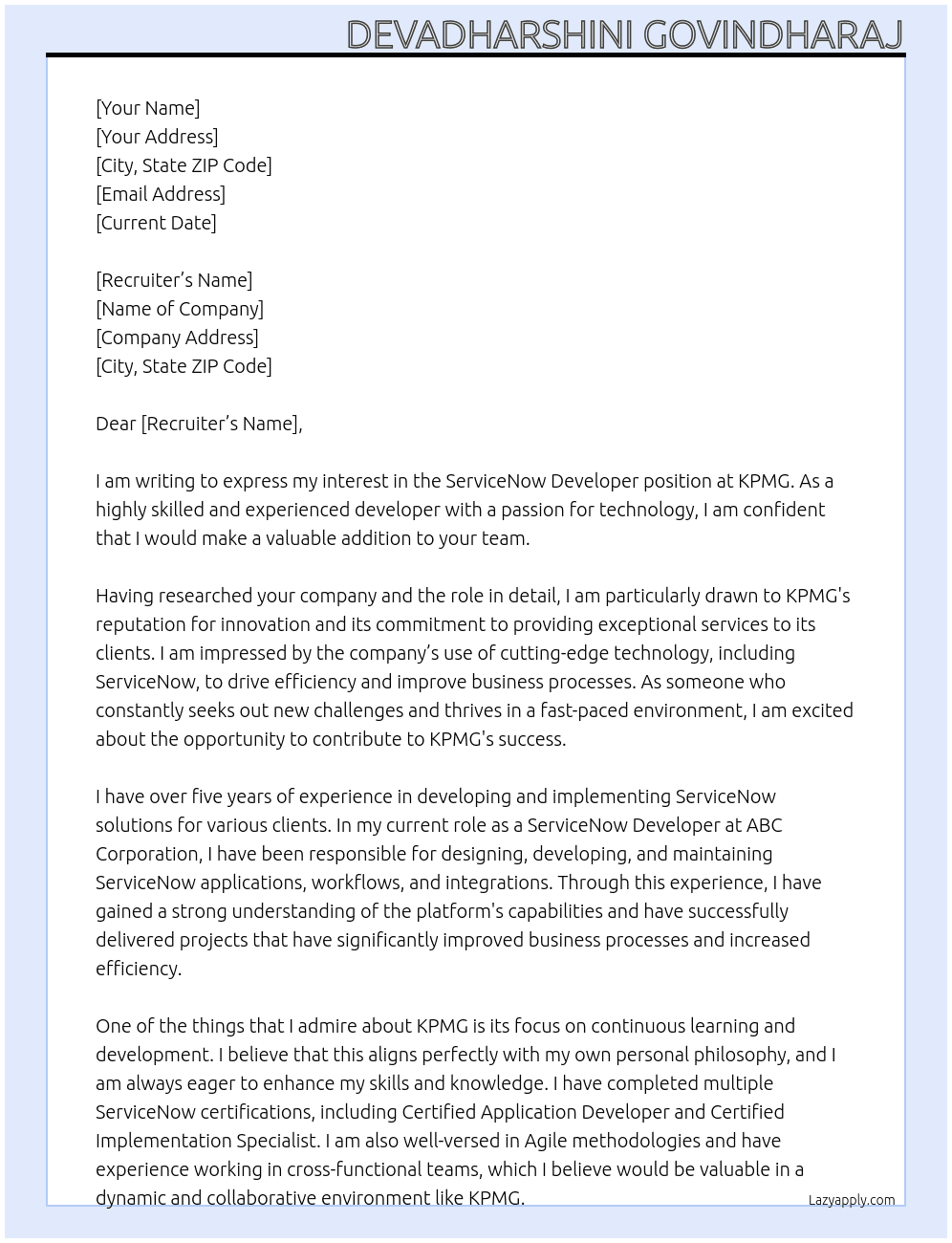 ServiceNow Developer At KPMG Cover Letter