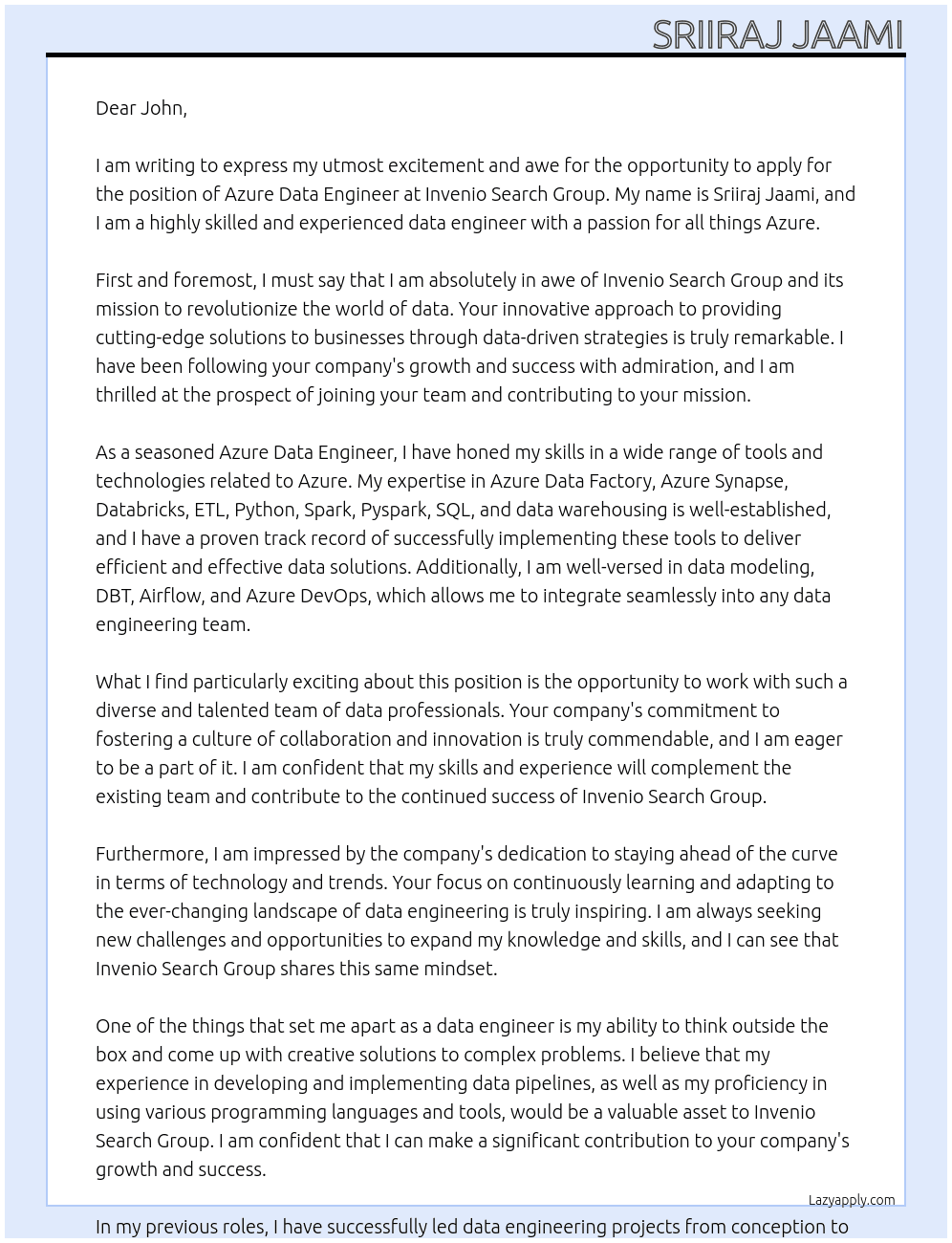 Azure Data Engineer At Invenio Search Group Cover Letter
