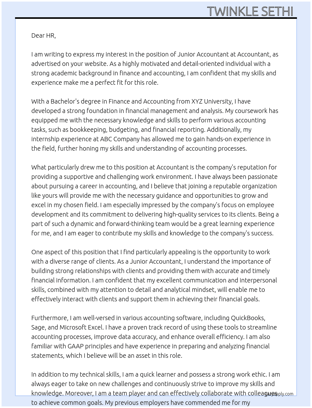 Junior accountant  At Accountant  Cover Letter