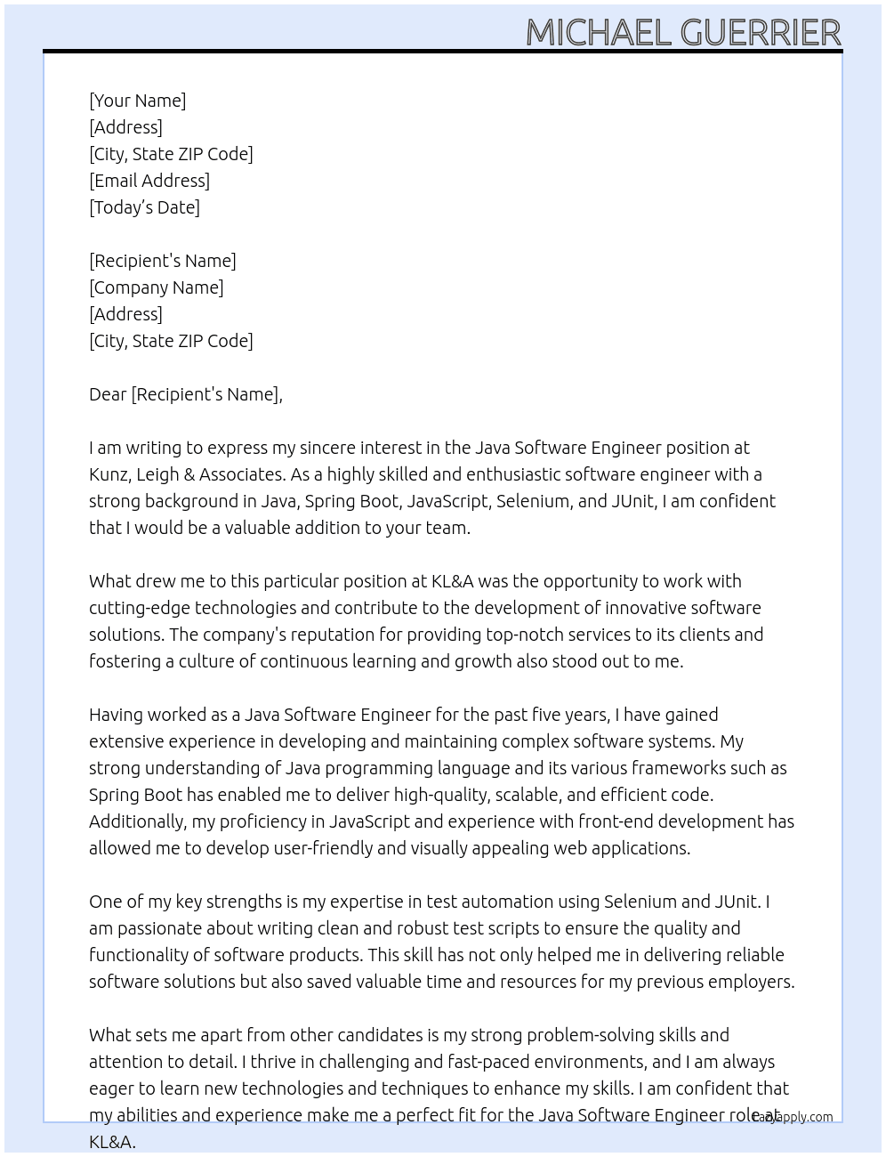 Java Software Engineer At Kunz, Leigh & Associates Cover Letter
