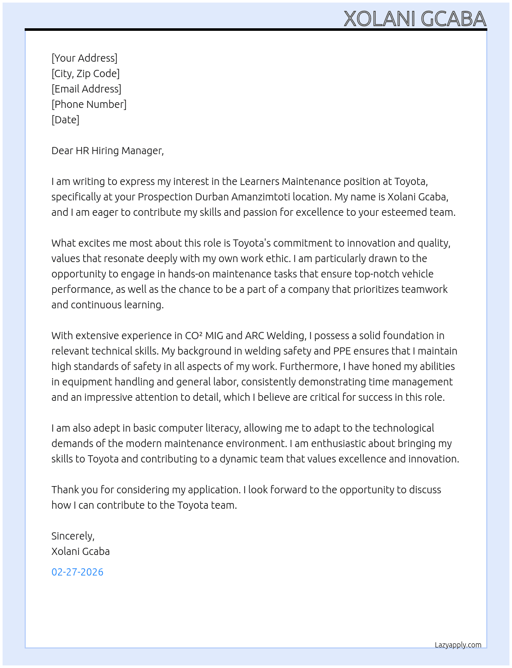 Learners Maintenance  At Toyota Cover Letter