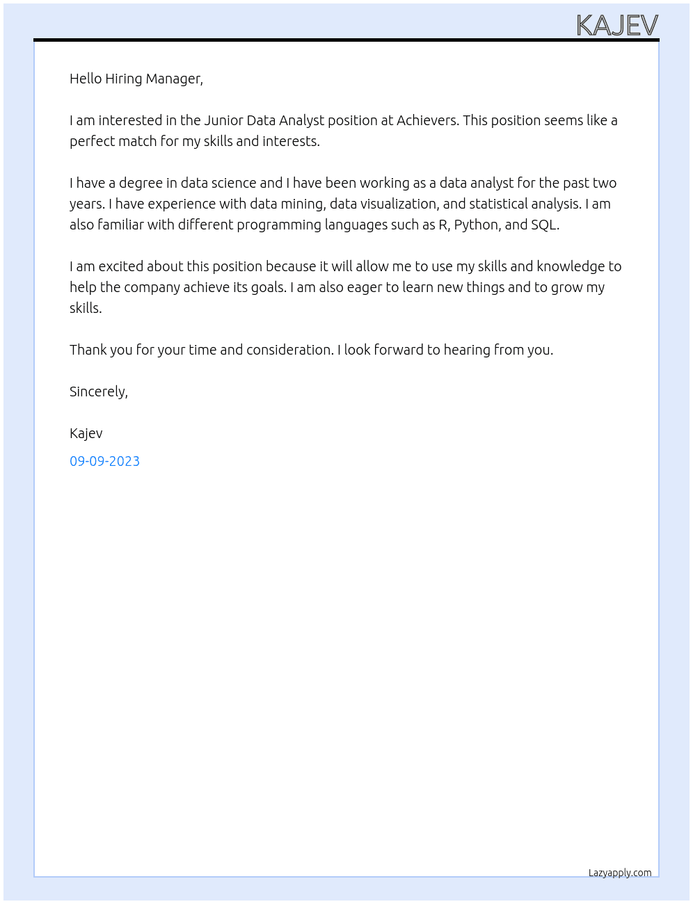 Junior data analyst At Achievers Cover Letter
