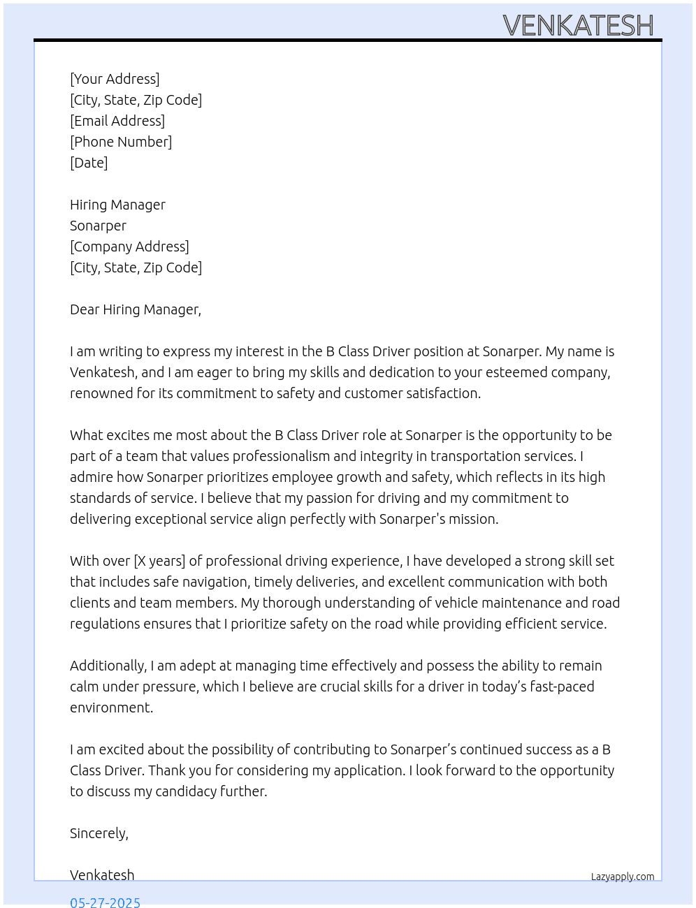 Cover letter for b class driver - LazyApply