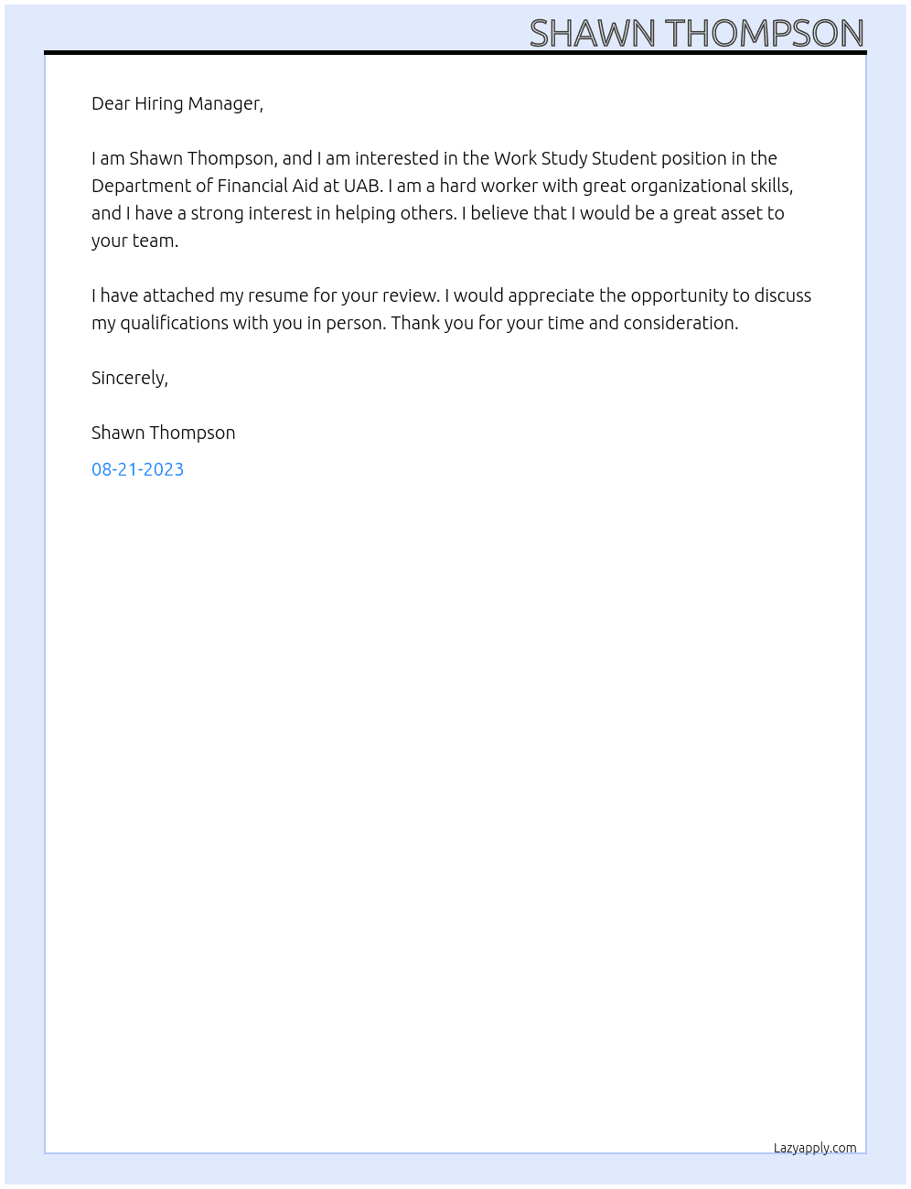 Work Study Student, Department Of Financial AId At UAB Cover Letter