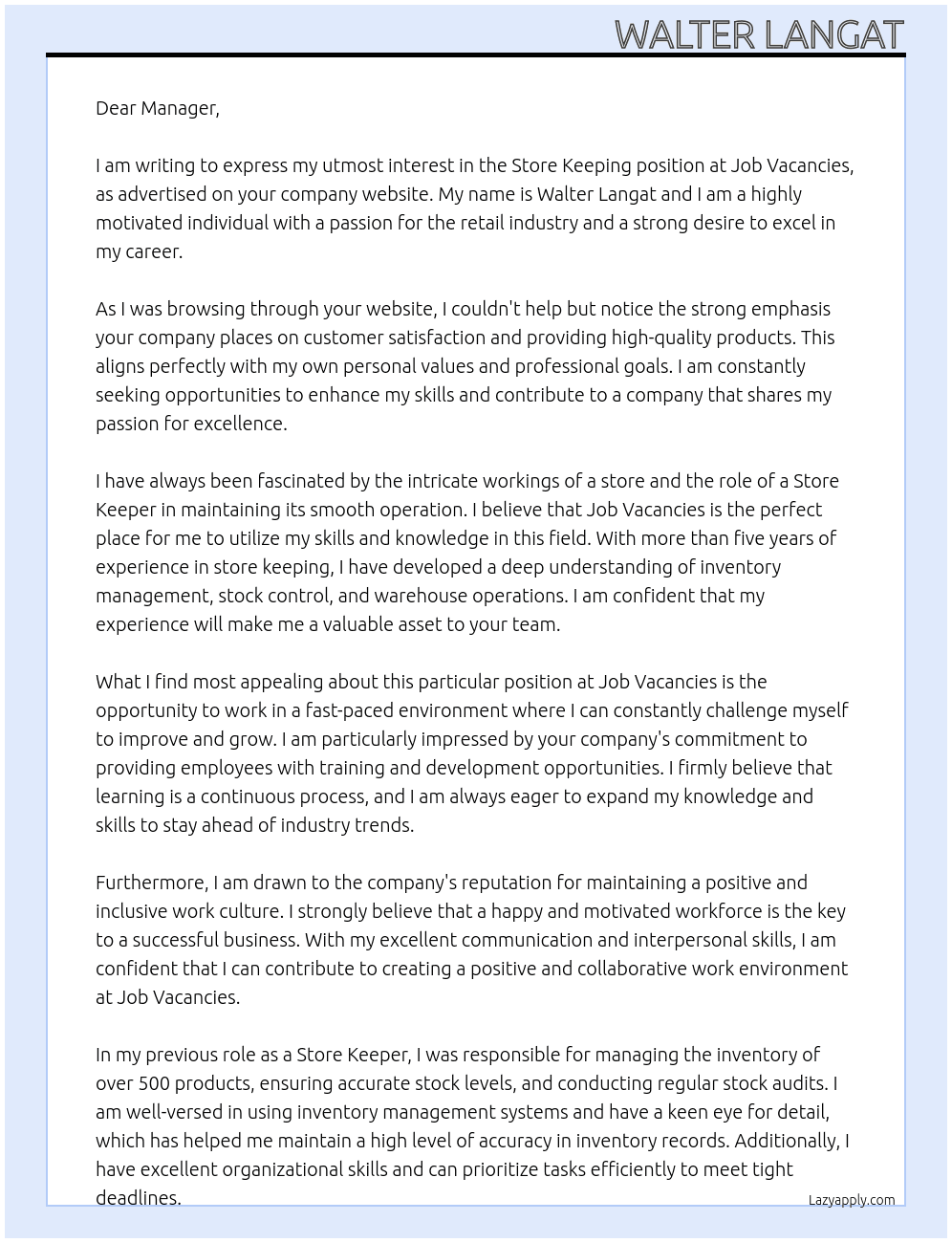 Store keeping  At Job vacancies  Cover Letter