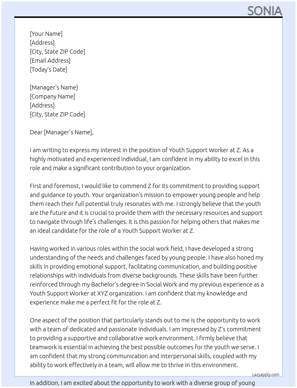 YOUTH SUPPORT WORKER At Z Cover Letter