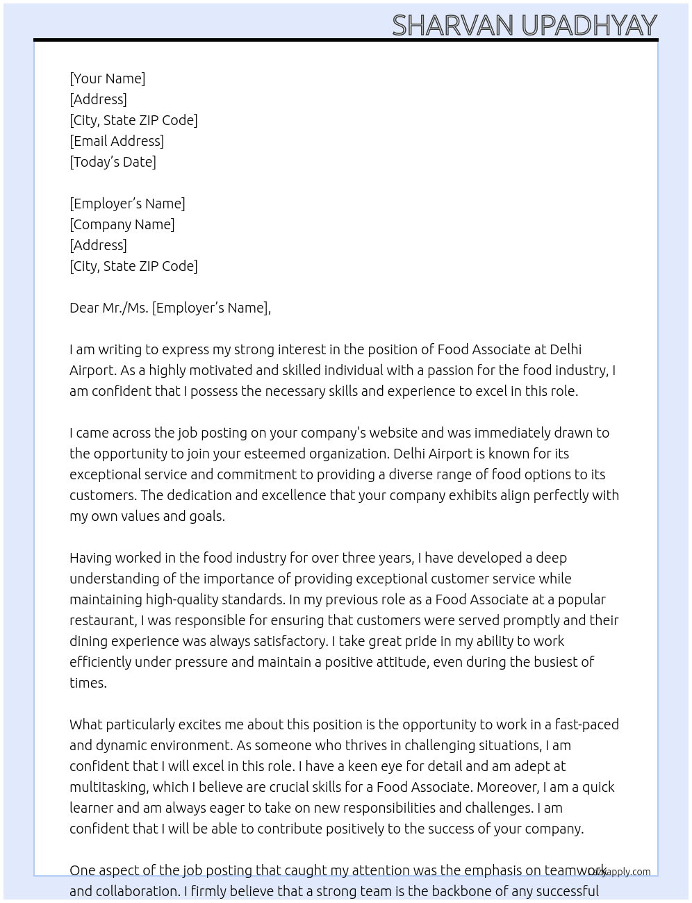 Food associat  At Delhi airport  Cover Letter