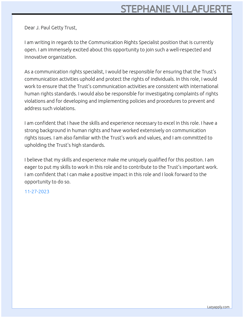 Communication Rights Specialist At J. Paul Getty Trust Cover Letter