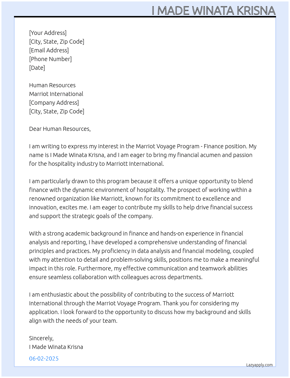 Cover letter for marriot voyage program - finance - LazyApply
