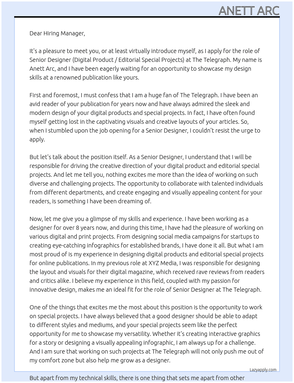 Senior Designer (Digital Product / Editorial Special Projects) At The Telegraph Cover Letter