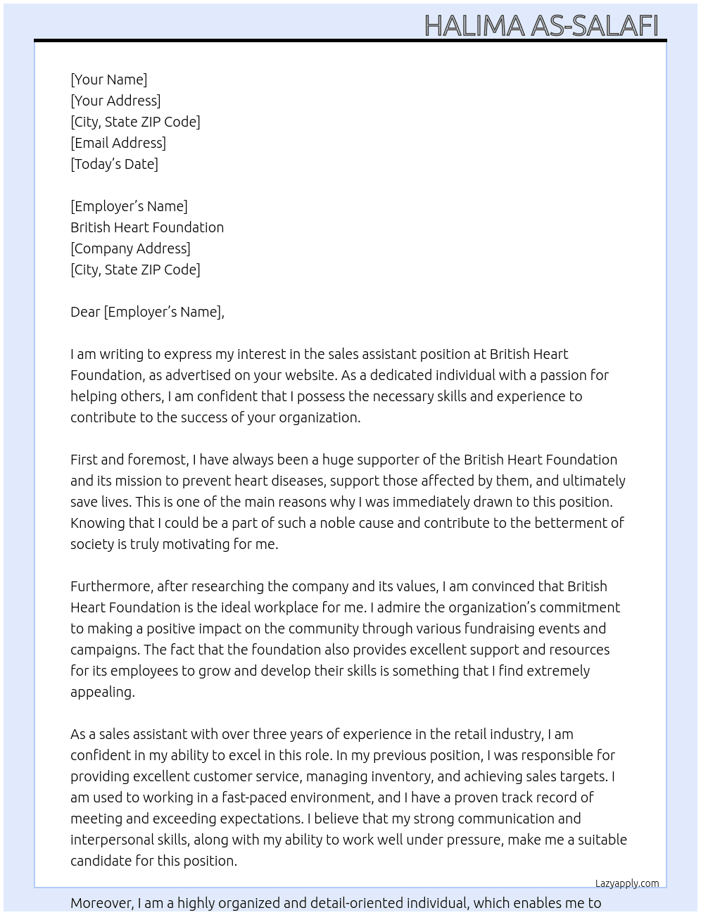 Sales assistant  At British Heart Foundation  Cover Letter