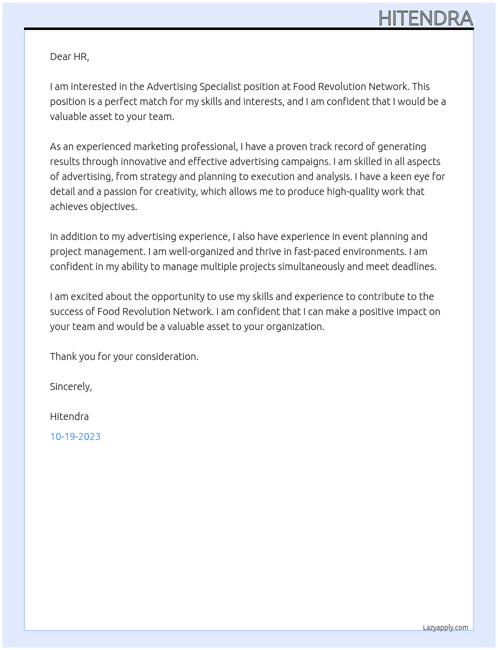 Advertising Specialist At Food Revolution Network Cover Letter