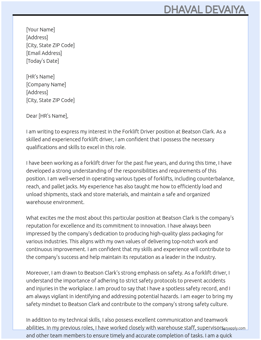 Forklift Driver At Beatson Clark  Cover Letter