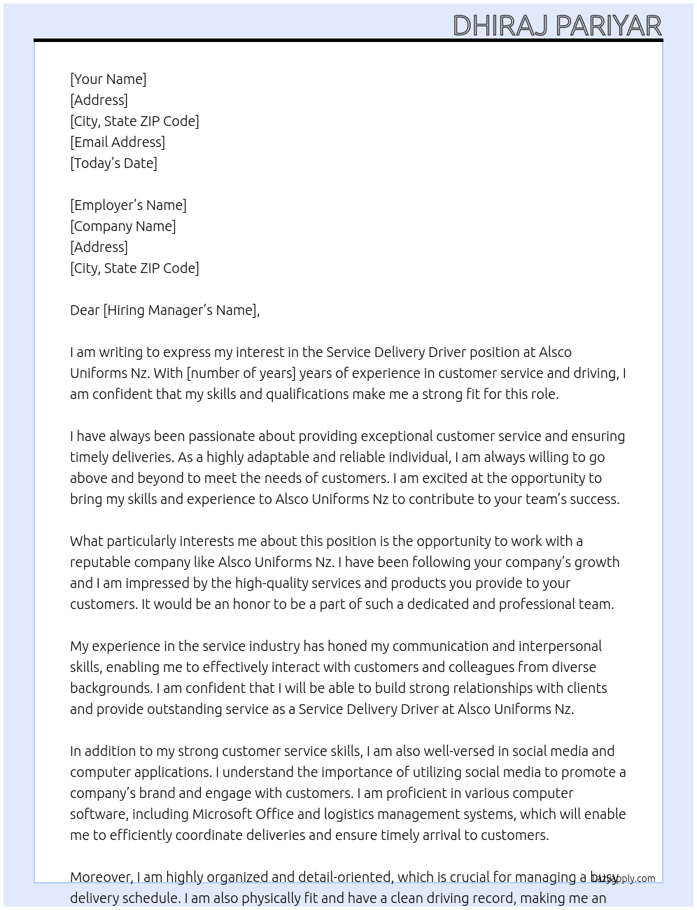 Service Delivery Driver At Alsco Uniforms Nz Cover Letter