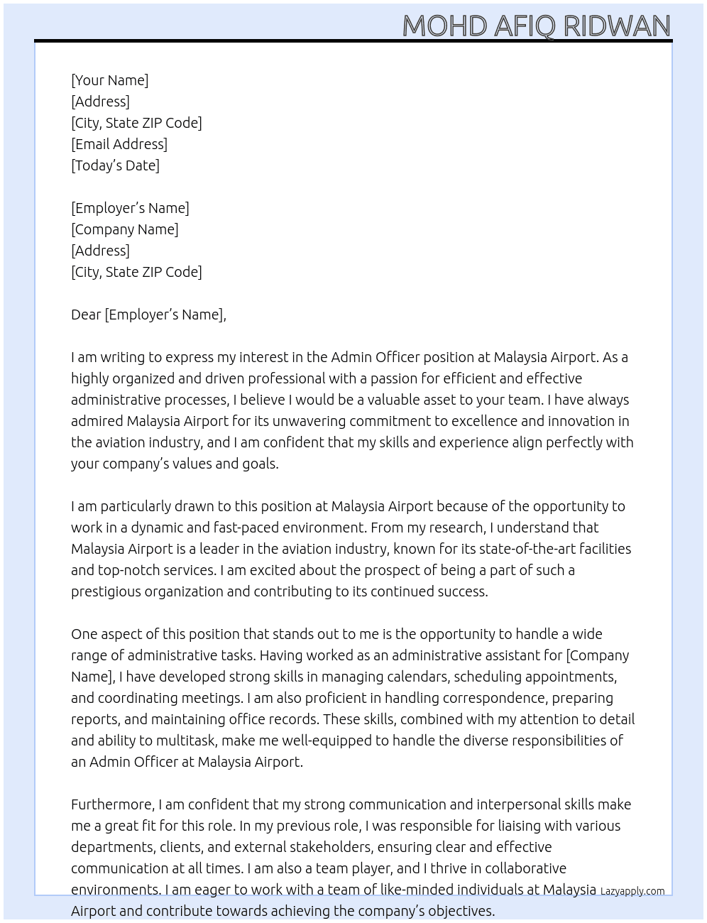 admin officer At malaysia airport Cover Letter
