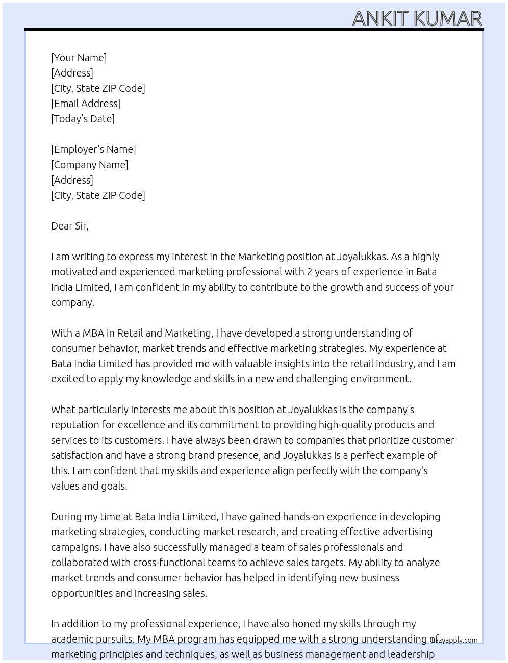 Marketing  At Joyalukkas  Cover Letter