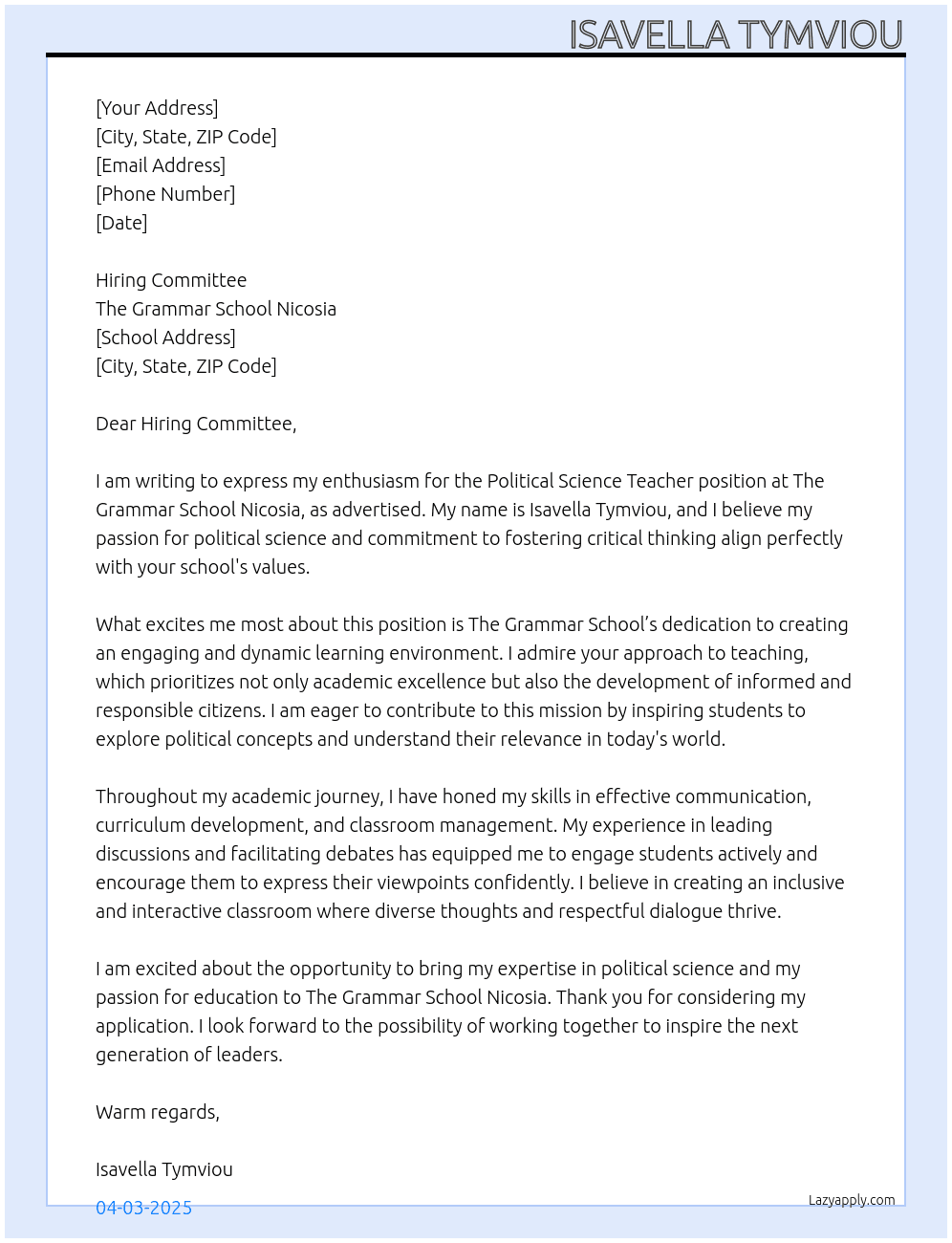 political science teacher At The Grammar School Nicosia Cover Letter