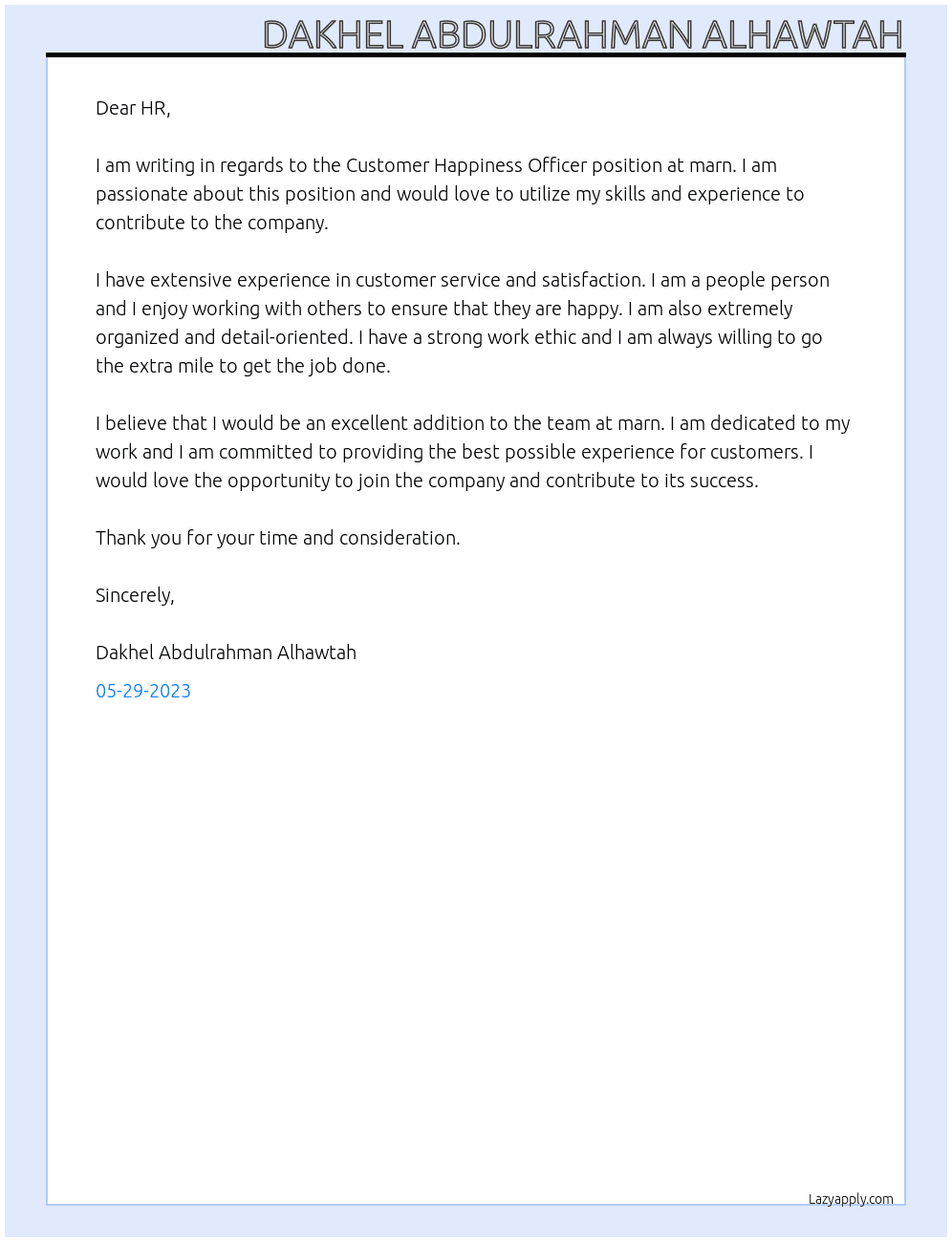 Customer Happiness Officer At marn Cover Letter