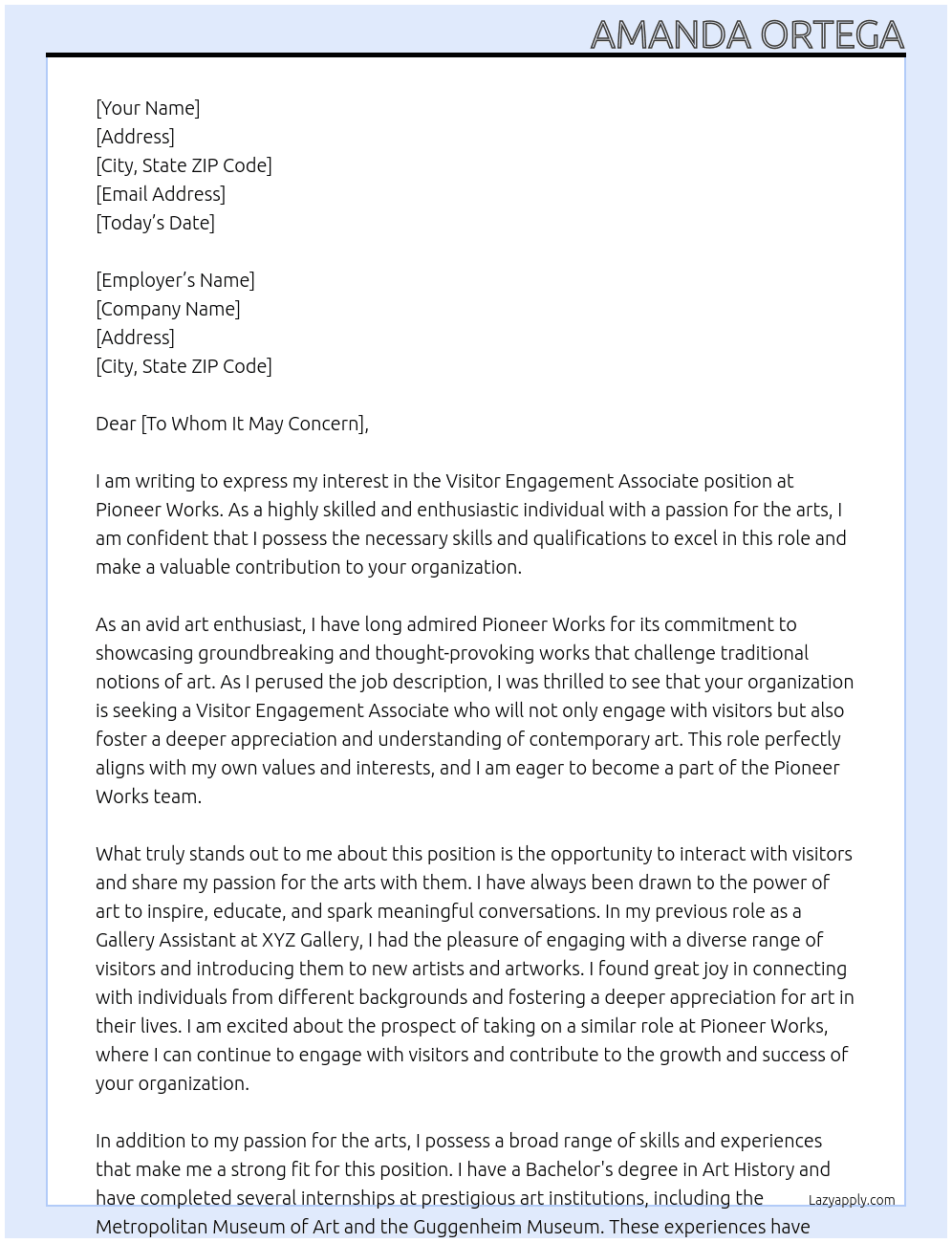 Visitor Engagement Associate At pioneer works Cover Letter