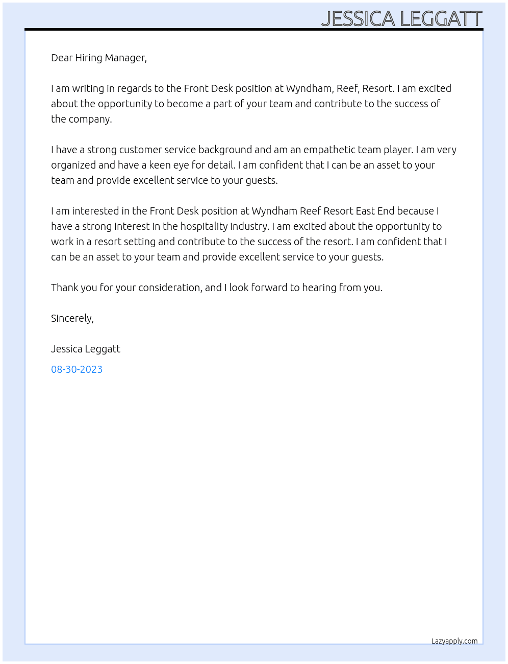 Front Desk  At Wyndham, Reef, Resort Cover Letter