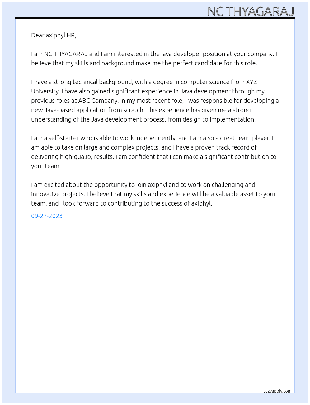 java developer At axiphyl Cover Letter