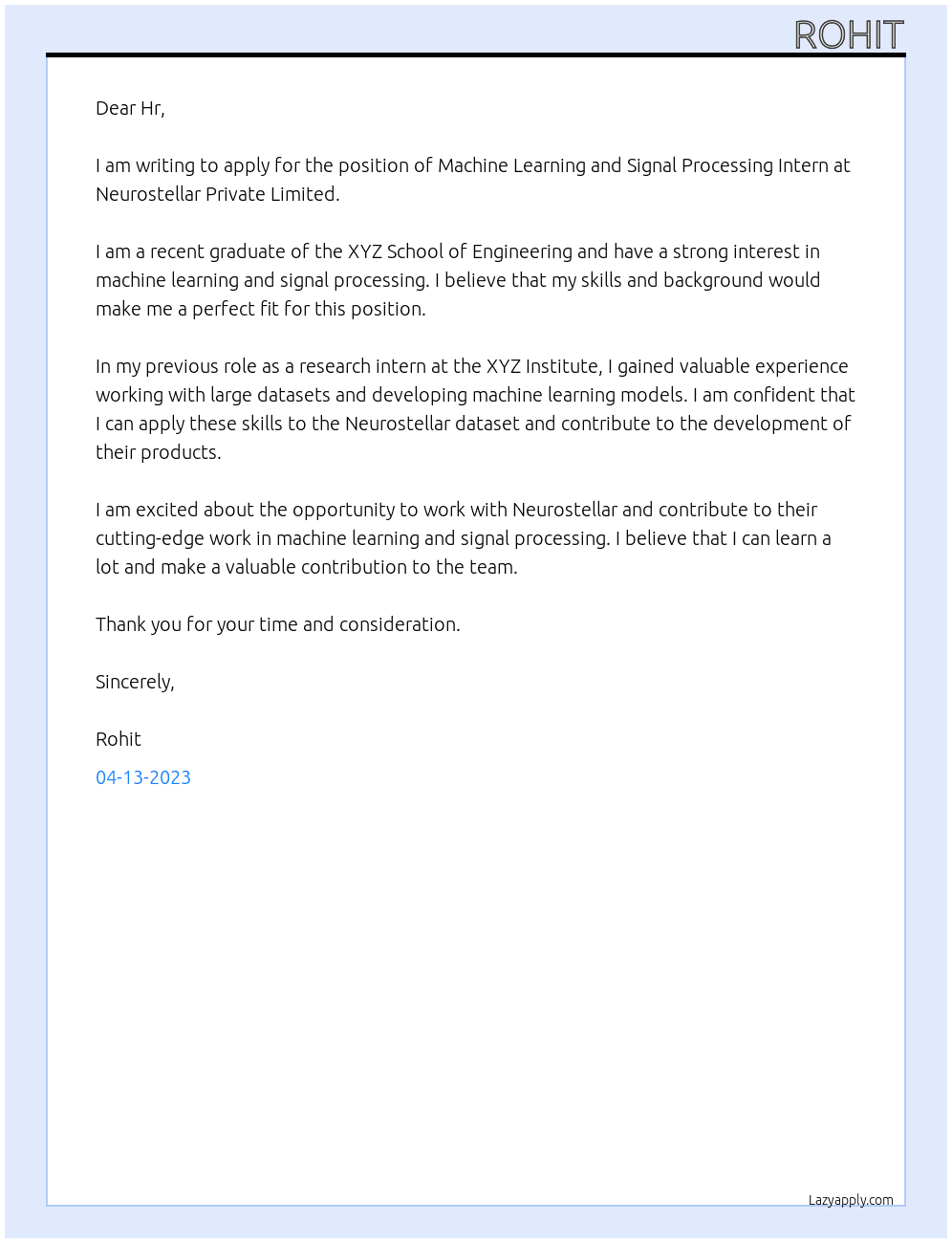 Machine Learning and Signal Processing Intern At Neurostellar Private Limited Cover Letter