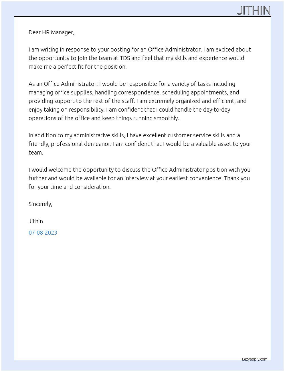 Office administrator  At TDS Cover Letter