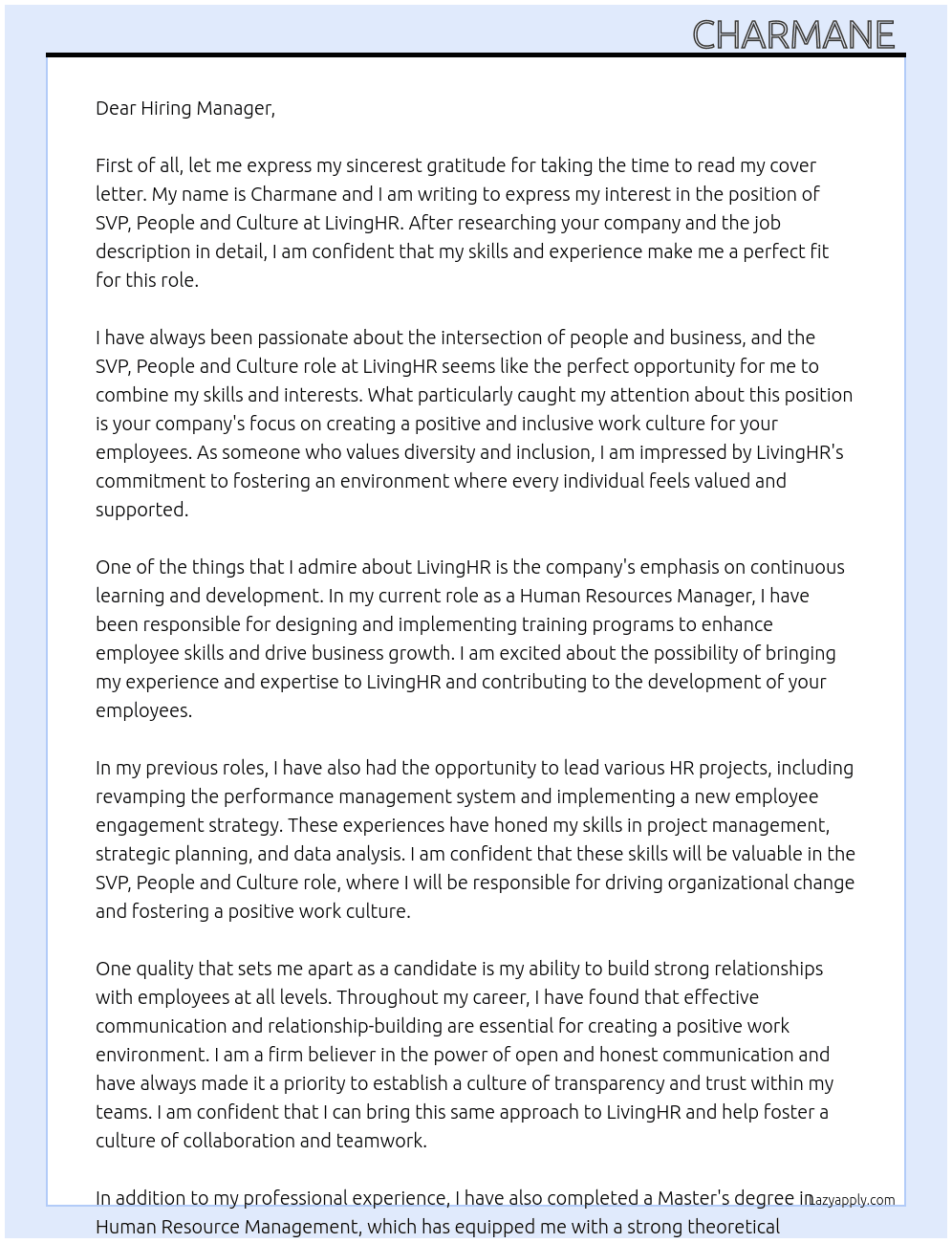 SVP, People and Culture At LivingHR Cover Letter