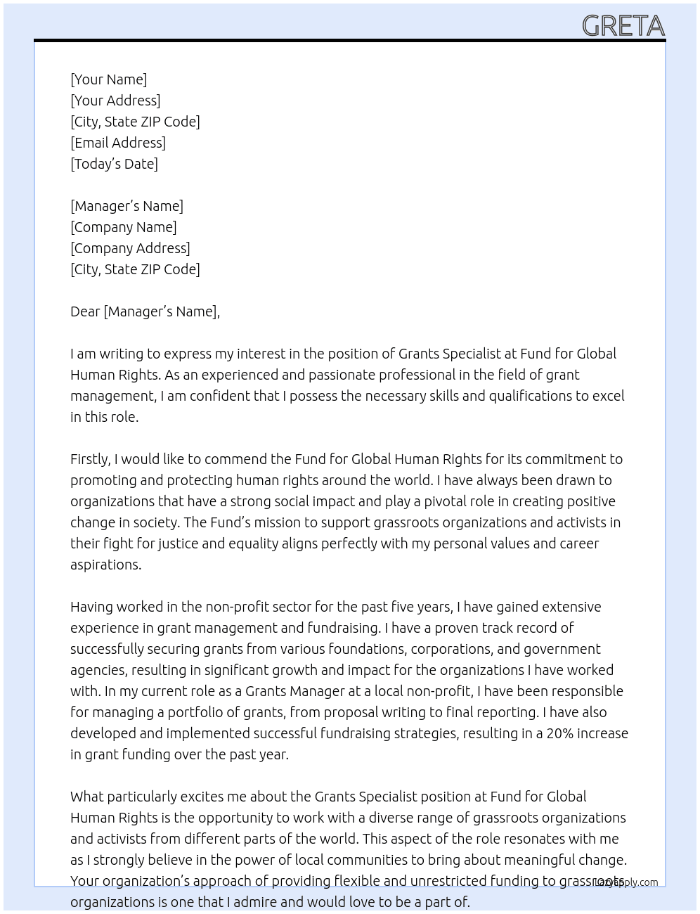 Grants Specialist At Fund for Global Human Rights Cover Letter
