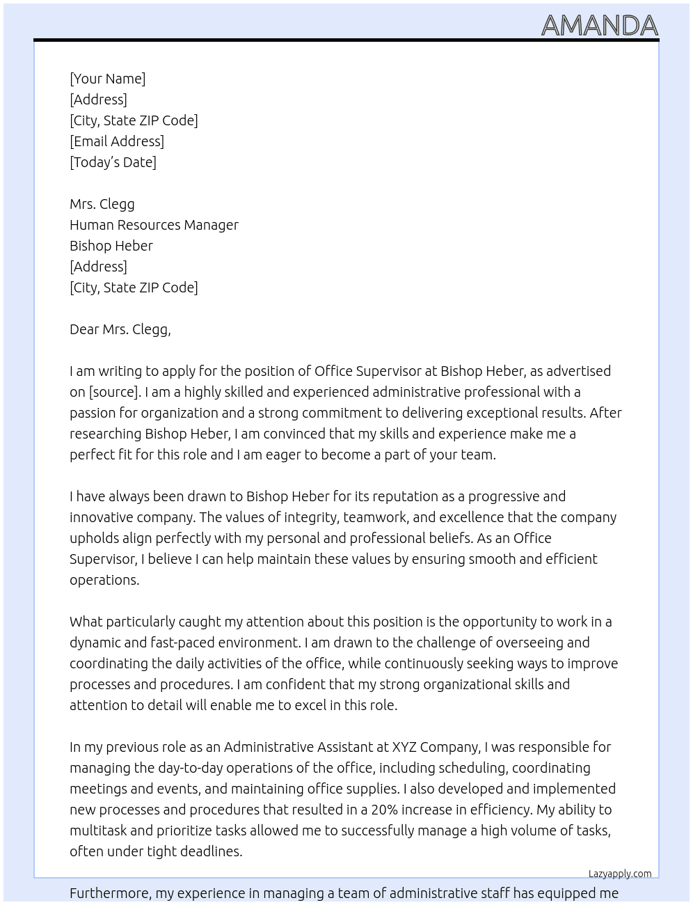 Office superviser At Bishop Heber Cover Letter