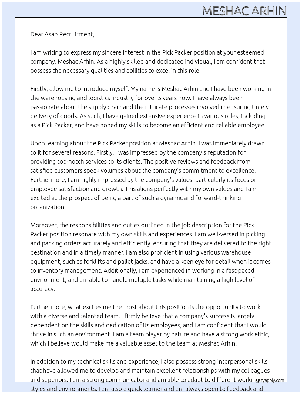 Pick Packer At Meshac Arhin Cover Letter