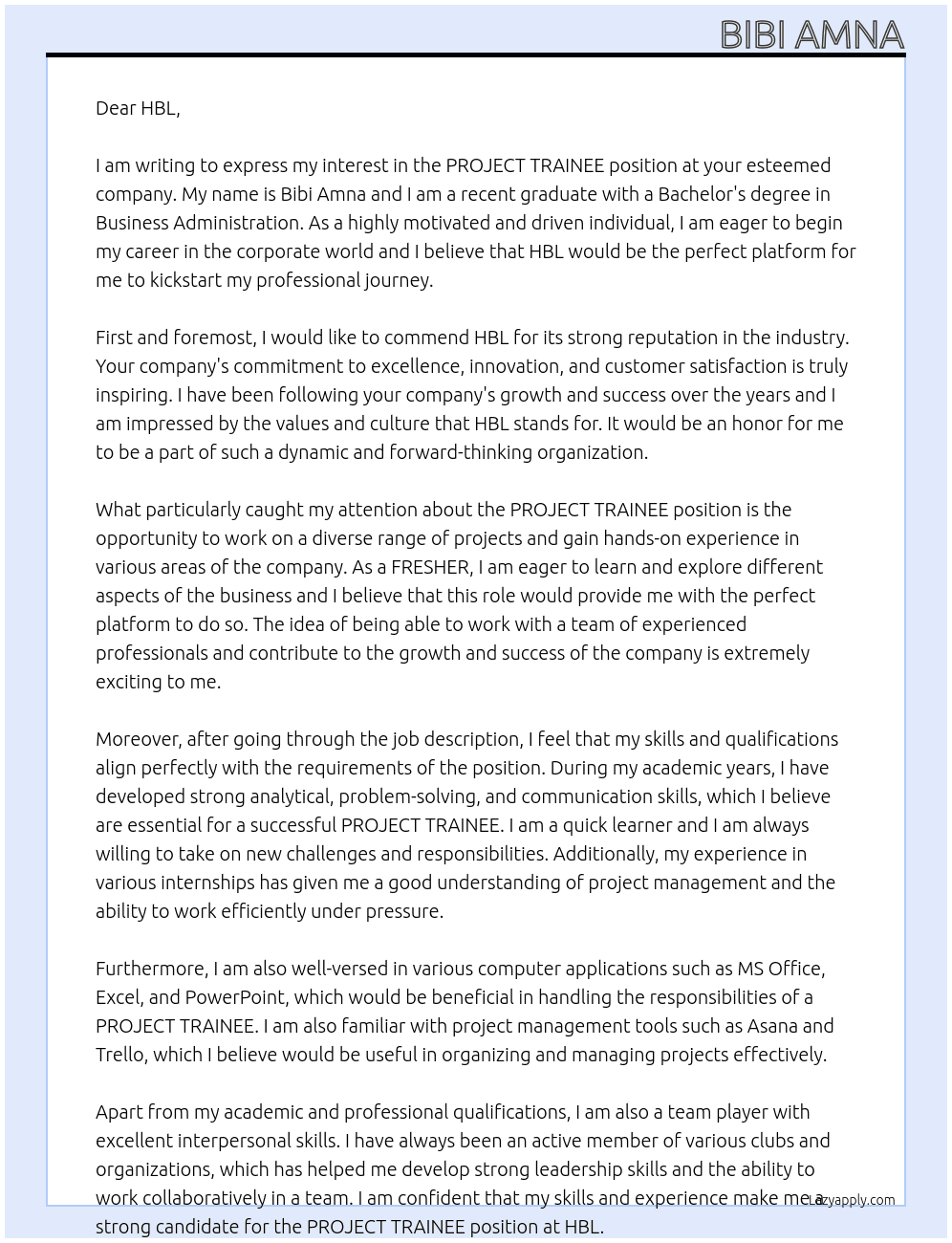 PROJECT TRAINEE At HBL Cover Letter