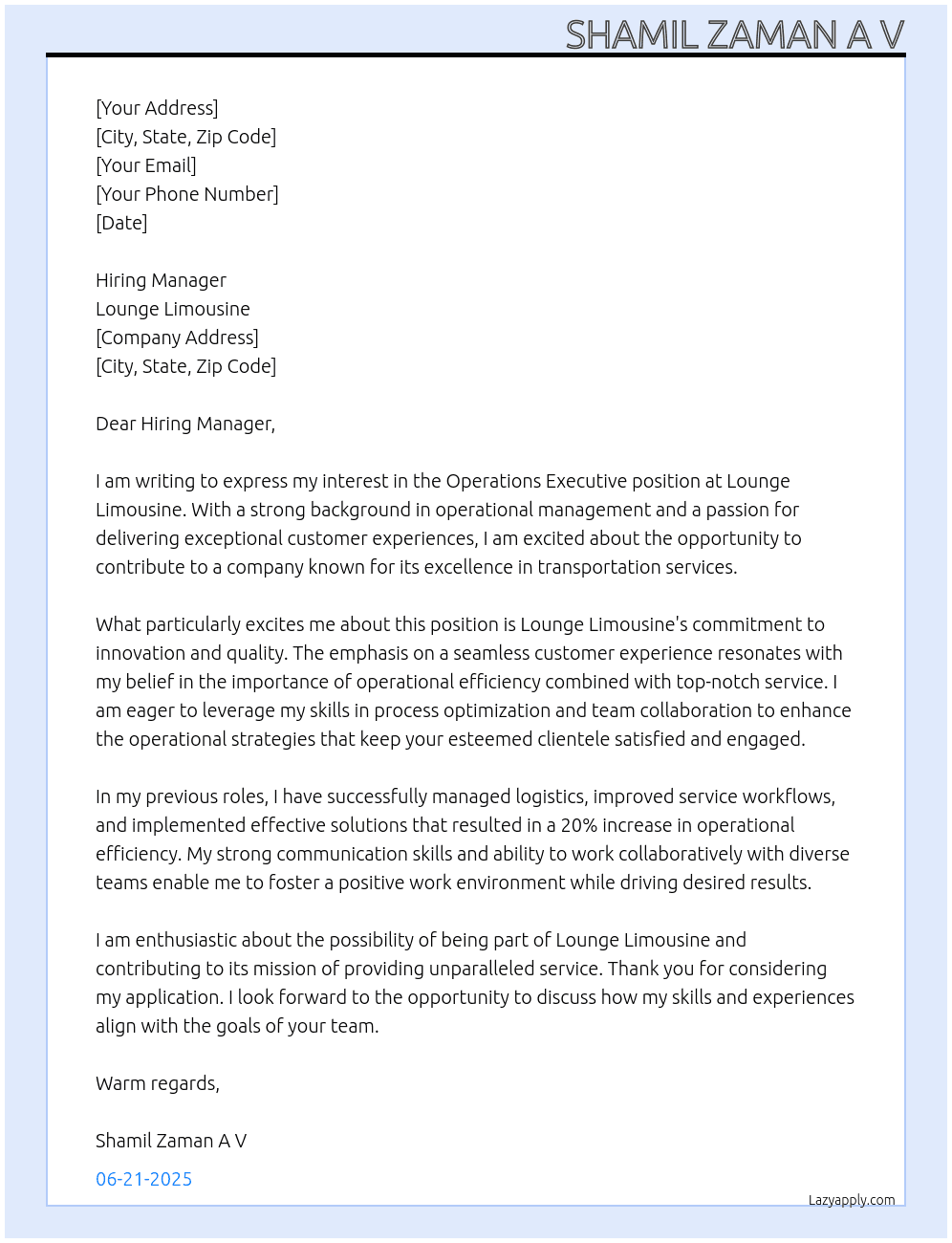 Operations executive At lounge limousine Cover Letter