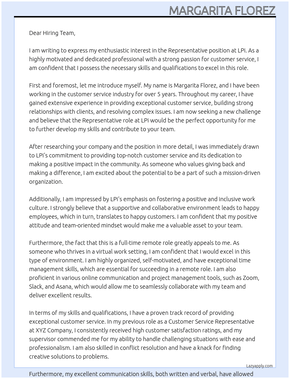 Representative At LPi Cover Letter