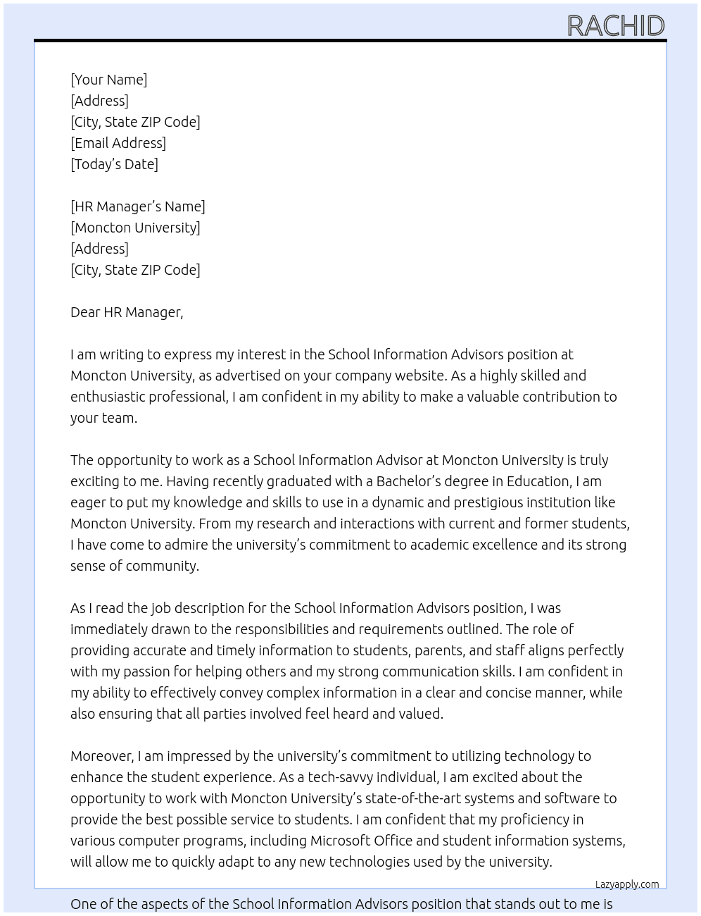 School information advisors At Moncton University Cover Letter