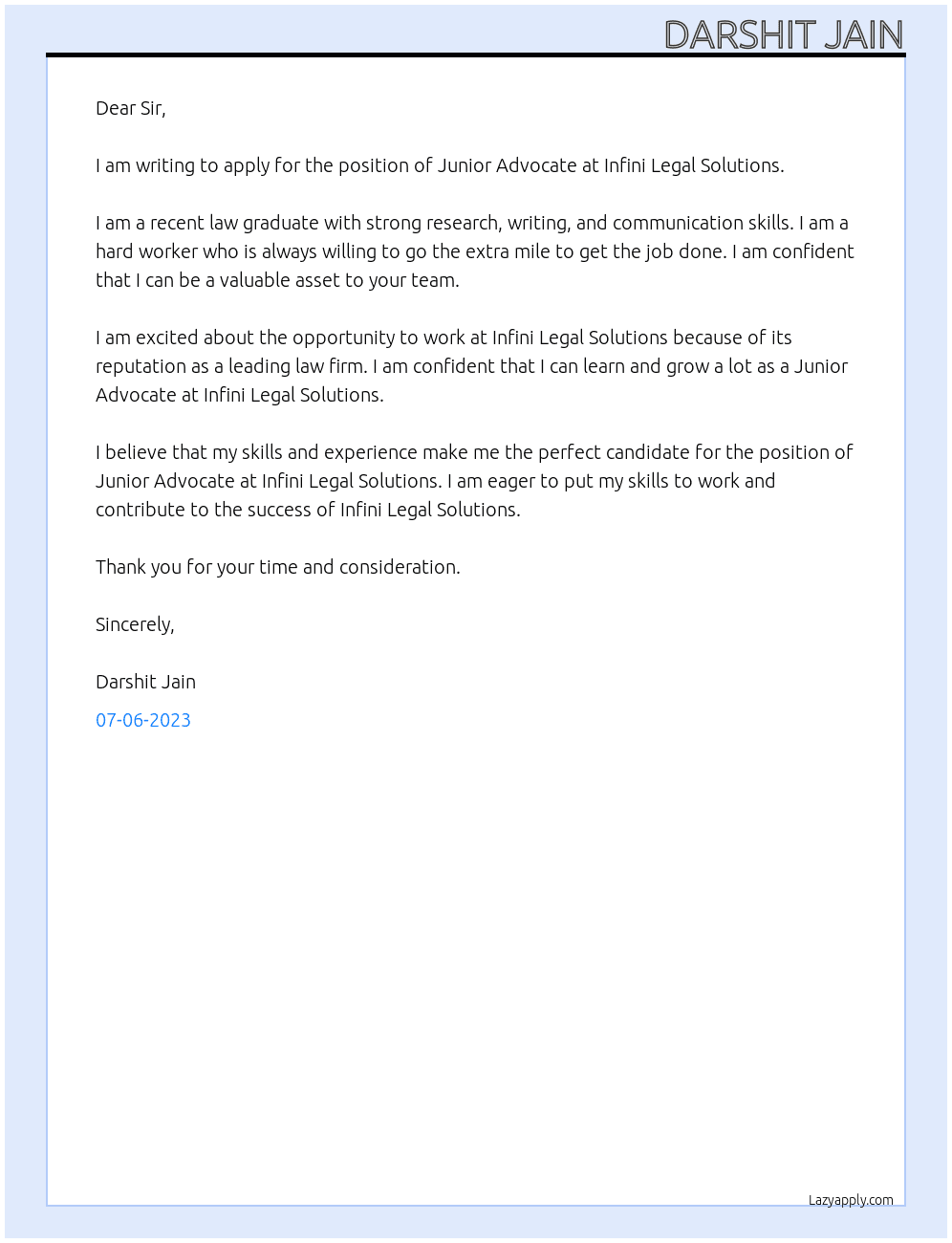 Junior advocate  At infini legal solutions Cover Letter