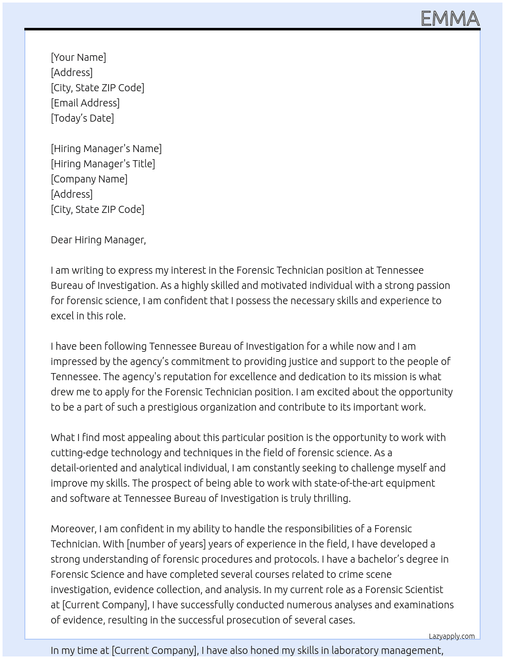 Forensic Technician  At Tennessee Bureau of Investigation  Cover Letter