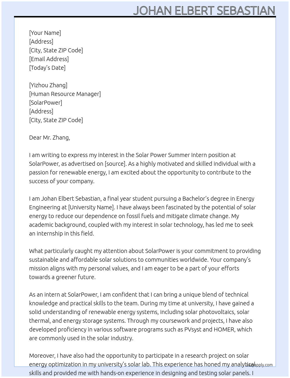 Solar Power Summer Intern At SolarPower Cover Letter