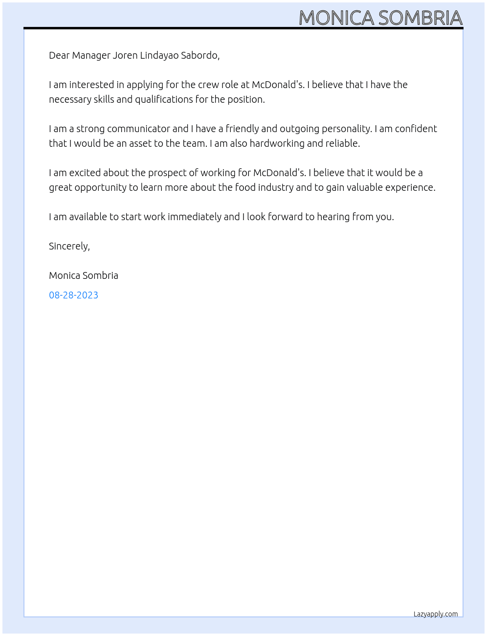 crew At mcdonald's Cover Letter