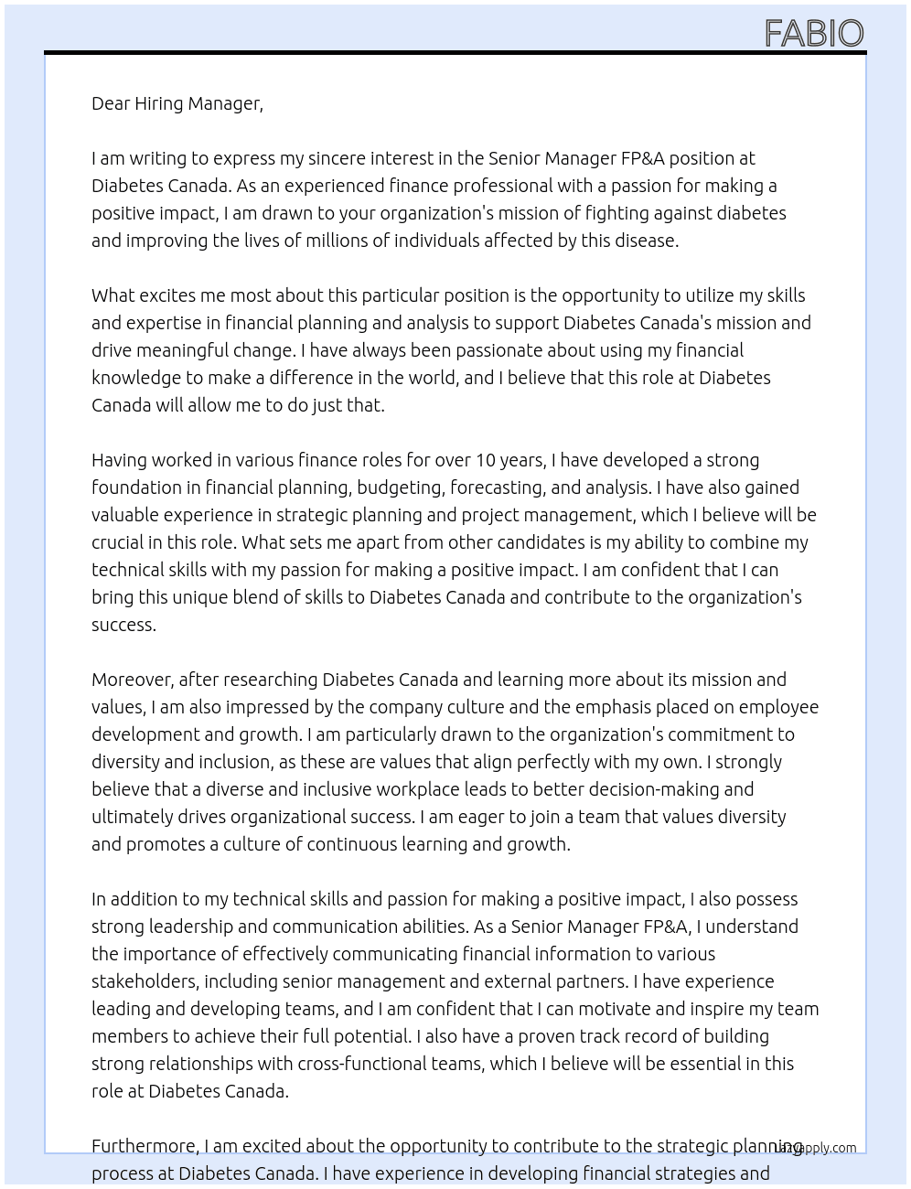 Senior Manager FP&A At Diabetes Canada Cover Letter