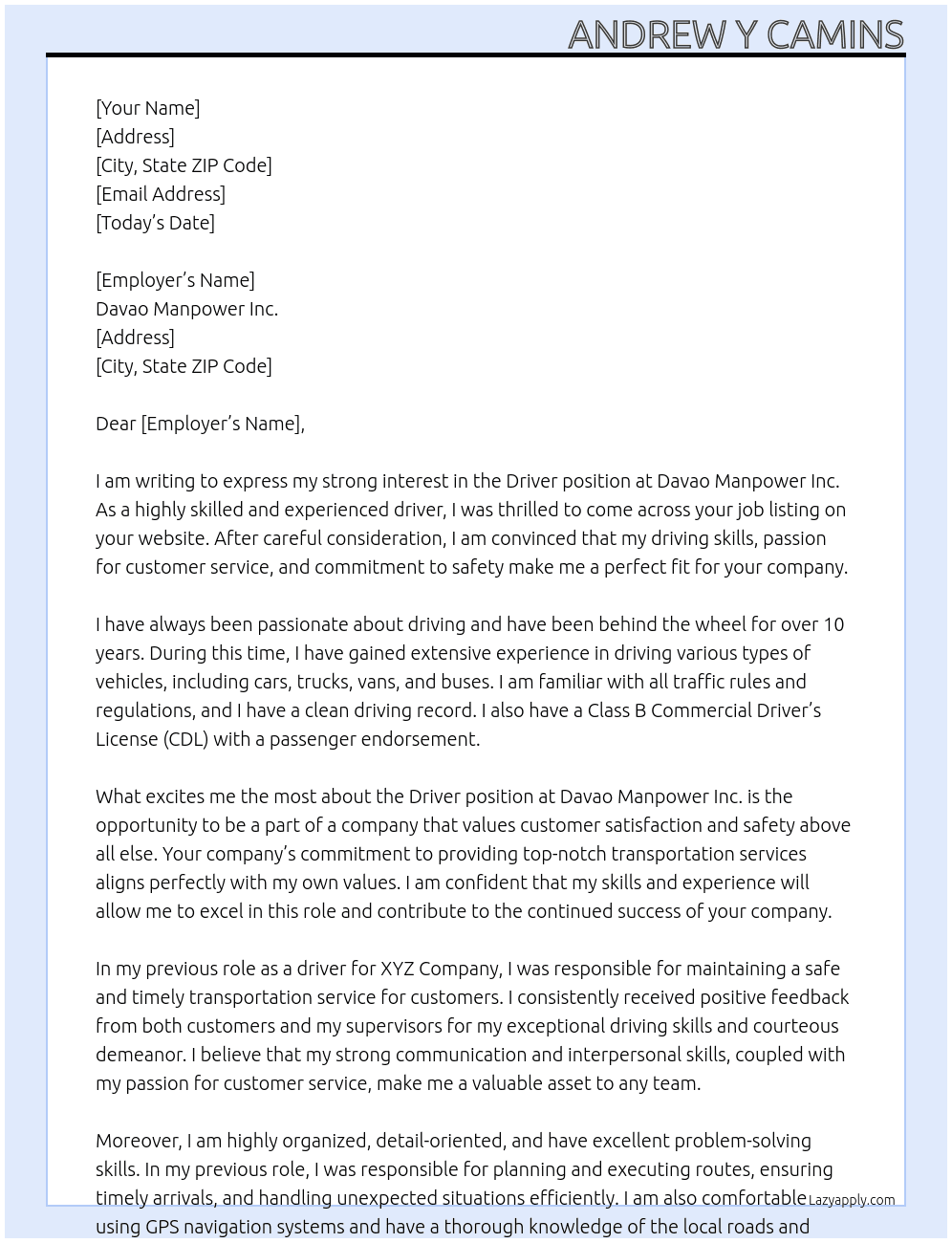 Driver At Davao Manpower Inc. Cover Letter