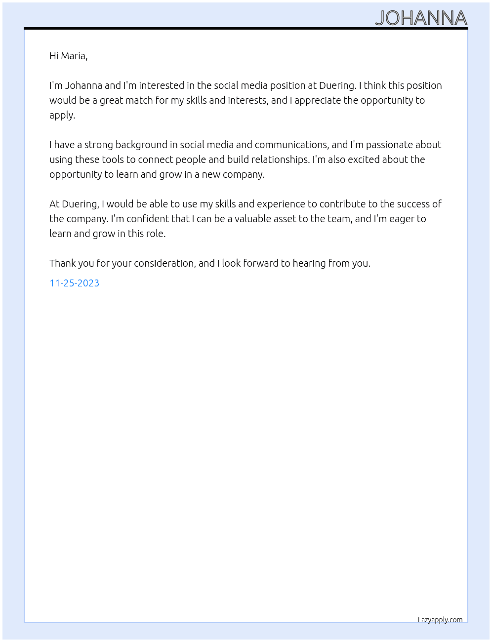 Social Media  At Duering Cover Letter