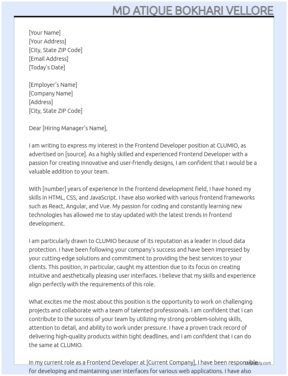Frontend Developer At CLUMIO Cover Letter
