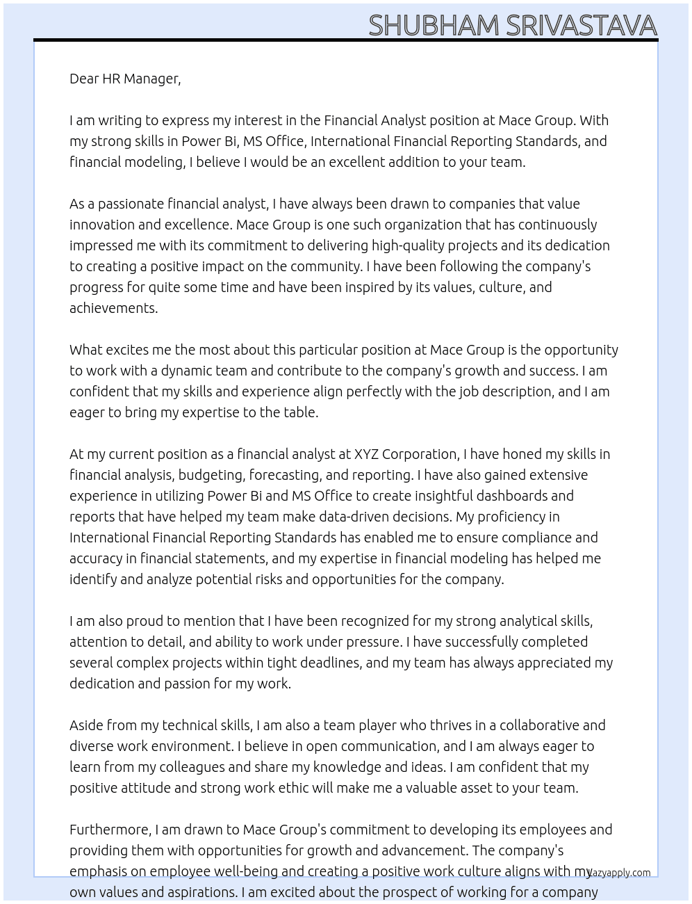 Financial analyst At Mace Group Cover Letter