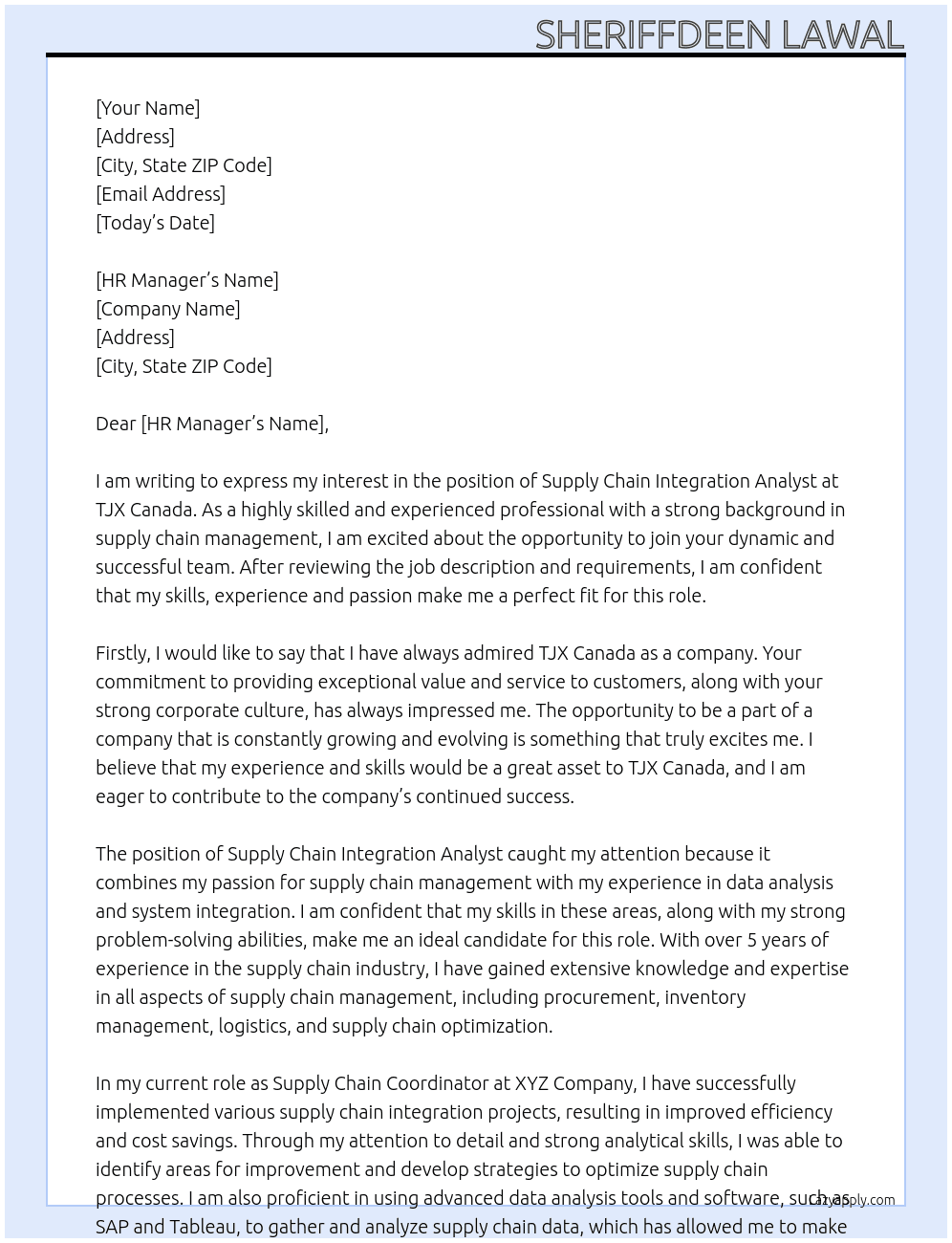 Supply Chain Integration Analyst At TJX Canada Cover Letter