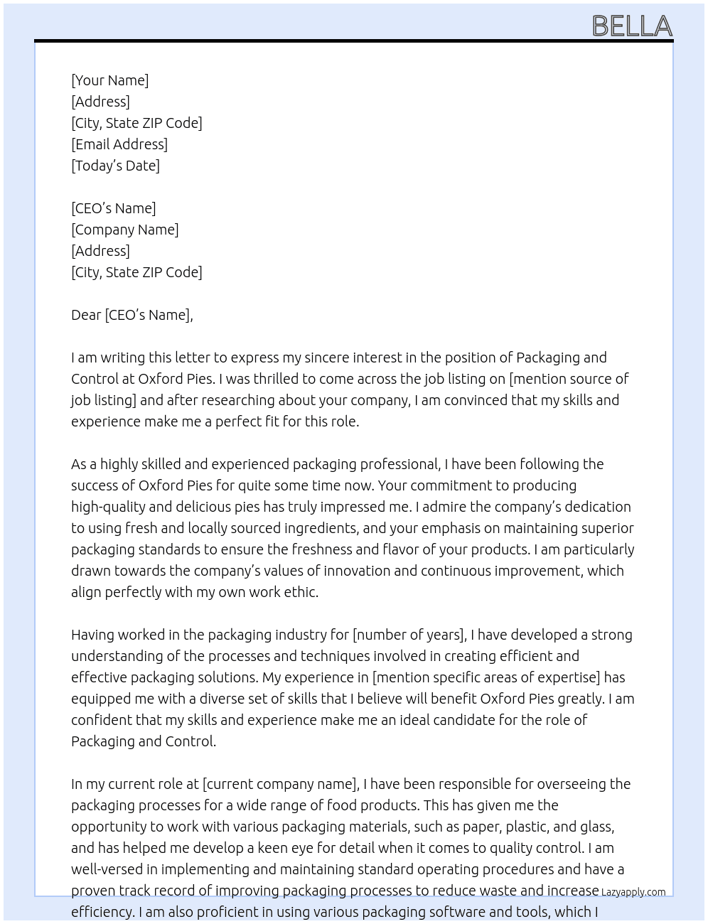 packaging and control At oxford pies Cover Letter