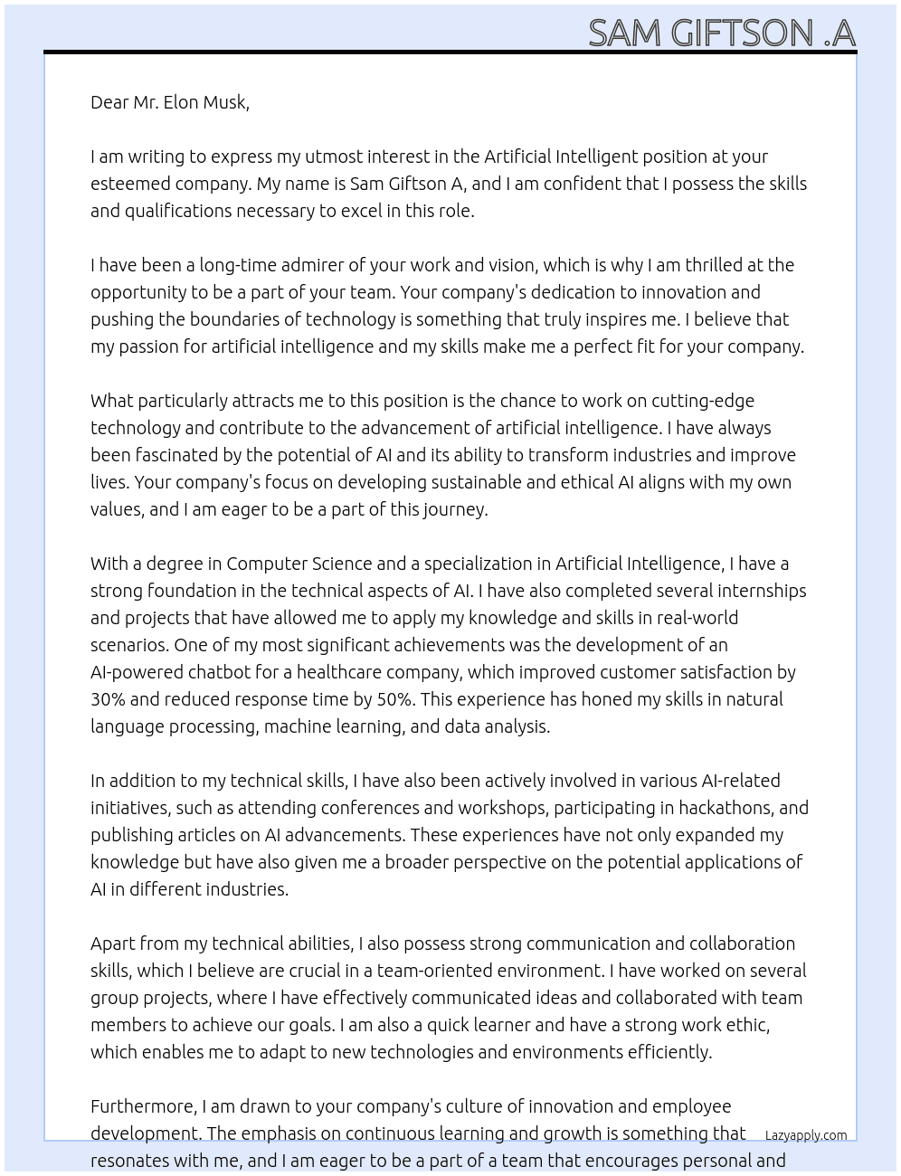 Artificial intelligent At Elon Musk  Cover Letter