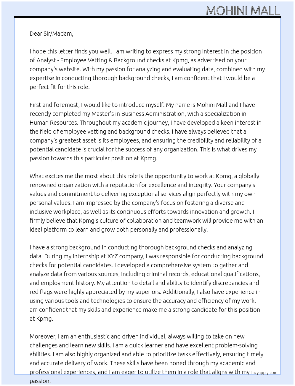 Analyst -Employee Vetting & Background checks  At Kpmg Cover Letter
