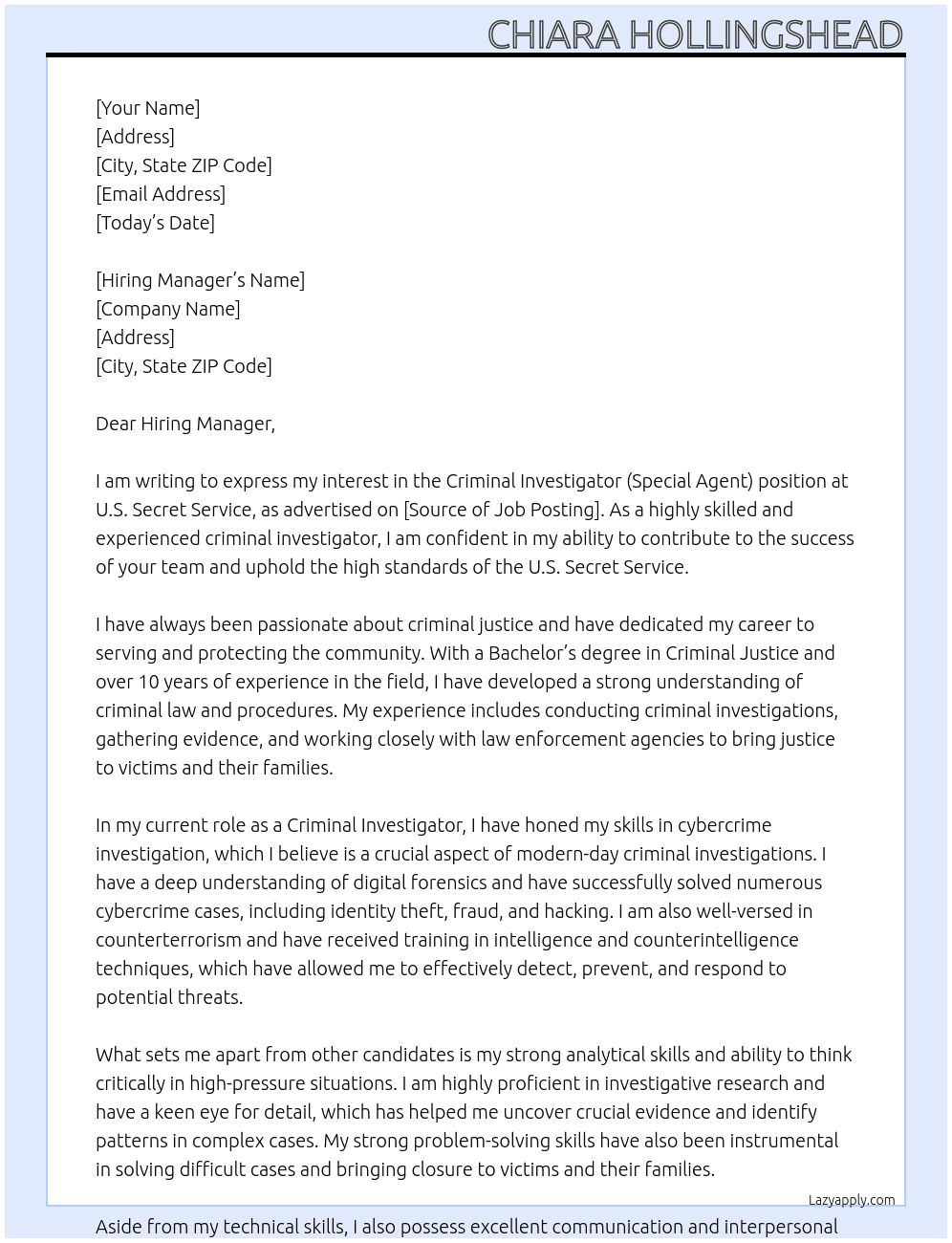Criminal Investigator (Special Agent) At U.S. Secret Service Cover Letter