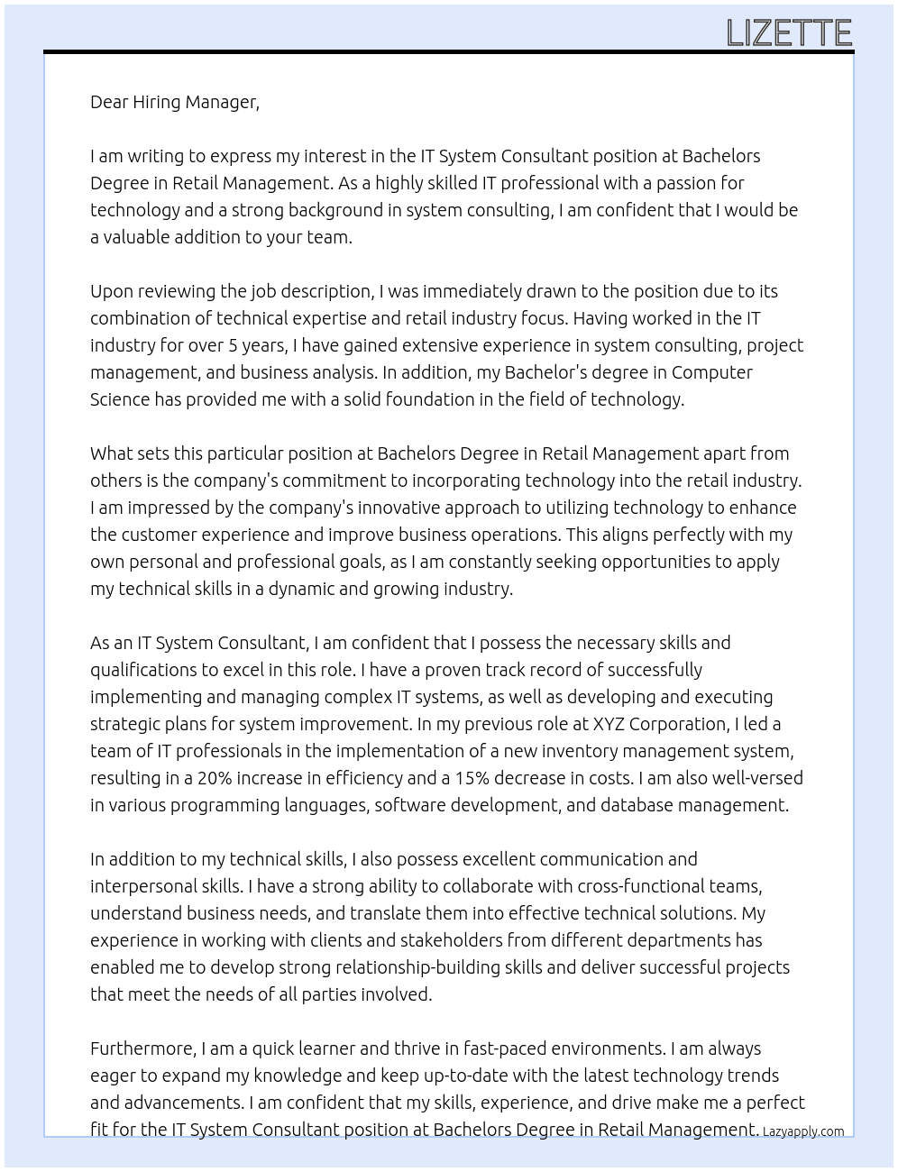 Cover letter for it system consultant - LazyApply